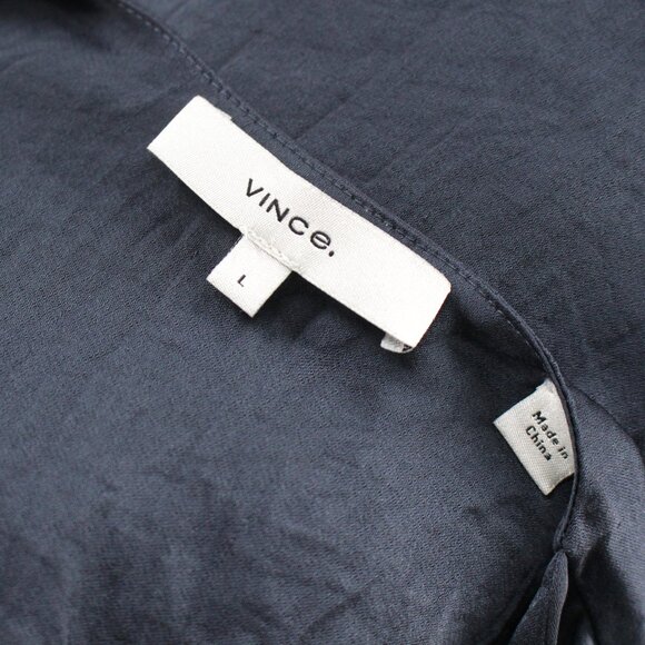 Vince Crushed Satin V-Neck Button Up Deep Azul Blue Long Sleeve Blouse Top Large - Picture 6 of 7